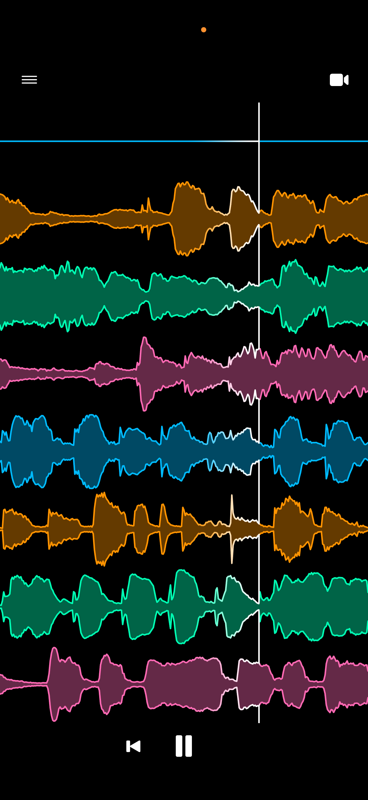 Everyday Looper running on iPhone, with eight colored audio tracks layered in real time